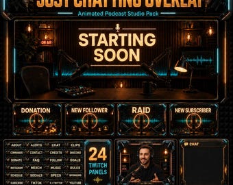 Overlay-pakket Gewoon chatten | Geanimeerde podcast Studio Twitch YouTube Kick-schermen Meldingen Webcampanelen