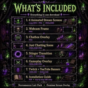 May include: A digital Necromancer Lair Pack stream overlay set featuring a dark purple and green theme with skulls, candles, and books. The list includes 4 animated stream screens, a webcam frame, chatbox overlay, just chatting scene, stinger transition, gameplay overlay, Twitch and YouTube banners, and an installation guide PDF.