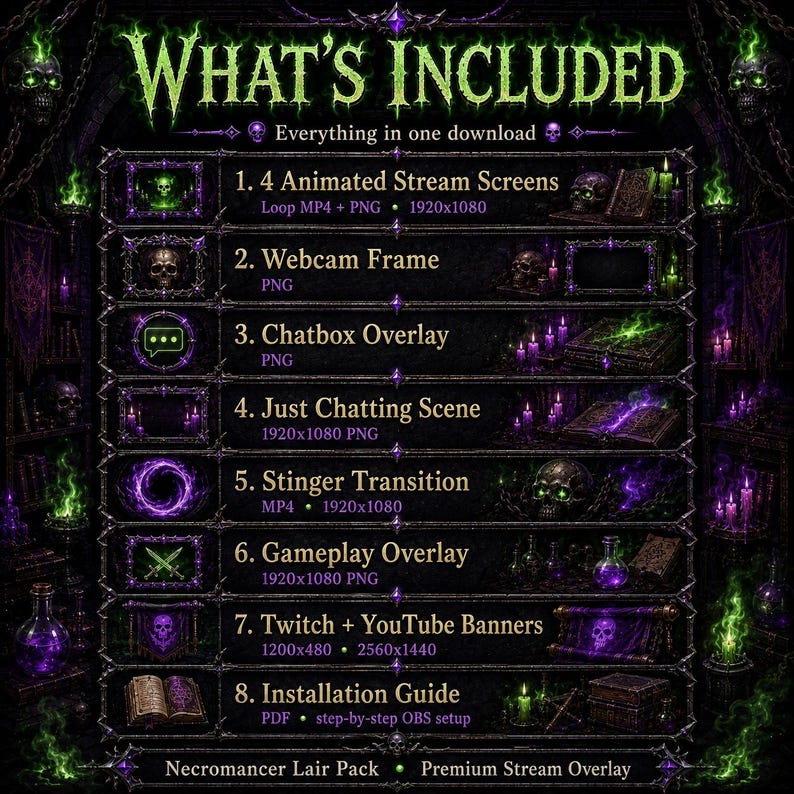 May include: A digital Necromancer Lair Pack stream overlay set featuring a dark purple and green theme with skulls, candles, and books. The list includes 4 animated stream screens, a webcam frame, chatbox overlay, just chatting scene, stinger transition, gameplay overlay, Twitch and YouTube banners, and an installation guide PDF.