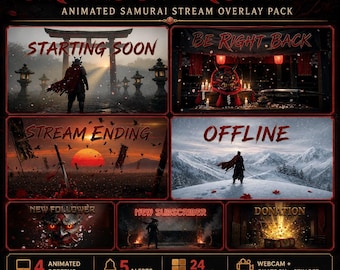 クリムゾン・ローニン・サムライ ストリームオーバーレイパック アニメーション ダーク シネマティック Twitch YouTube キックアラートパネル