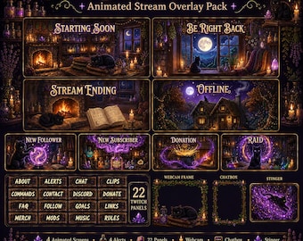 居心地の良い黒猫の魔女風ストリームオーバーレイパック、アニメーション付きTwitch、YouTube、キック、OBSパネル
