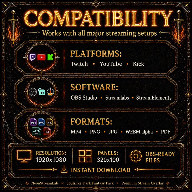 Like For Like Software Compatibility Dark Fantasy Stream Overlay Pack | Soulslike Animated Twitch Screens ...
