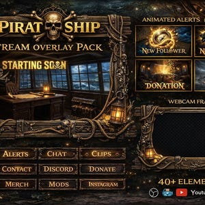 May include: A digital pirate-themed stream overlay pack with a skull and crossbones logo. The design includes animated alerts for new followers and subscribers, a webcam frame, and various buttons for chat, links, and more. The text "PIRAT SHIP" and "STARTING SOON" are visible.