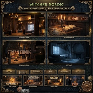 Nordic Fantasy Stream Overlay Pack – Medieval RPG Twitch Alerts, Panels, Webcam Frame, OBS Streamlabs
