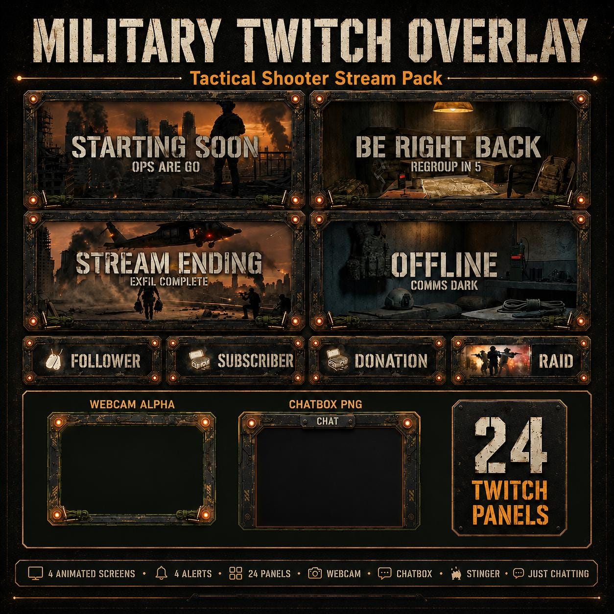 Fps Stream Layout Twitch Overlay Military Pack | Tactical Shooter Stream Screens Alerts ...