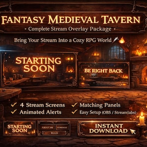 Op de afbeelding: Digitaal fantasy middeleeuws taverne stream overlay pakket. De afbeelding toont een gezellige RPG-wereld met een open haard, kaarsen en een zwaard. Tekst bevat "Starting Soon", "Be Right Back" en "Instant Download".