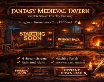 Fantasy Medieval Tavern Stream Overlay Twitch YouTube Kick | Animated RPG Tabletop Screens Alerts Panels