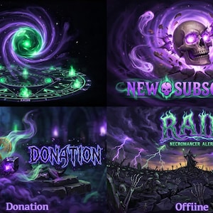 May include: A digital graphic set featuring four distinct panels with dark fantasy themes. The panels display a glowing green portal, a skull with purple energy, gold coins with runes, and a necromancer scene with the text New Subscriber, Donation, Raid, and Offline.