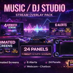 Può includere: Immagine promozionale per un pacchetto di sovrapposizione di streaming per studio musicale e DJ. Il design presenta una vibrante combinazione di colori viola e blu con schermi animati, avvisi e pannelli. Il testo include "MUSIC / DJ STUDIO" e "STREAM OVERLAY PACK."