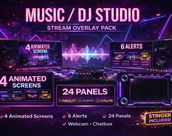 TwitchやYouTube Kick用の音楽DJスタジオストリームオーバーレイパック | アニメーションネオン音楽ストリーミング