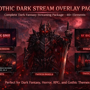 May include: A digital art package with a dark fantasy theme. The image features a menacing armored figure holding a sword, with red and black accents. Includes stream screens, alerts, and Twitch panels with text like "Starting Soon" and "Offline".