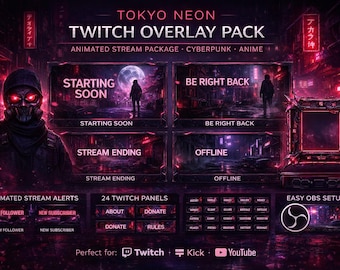 サイバーパンクアニメ 東京ネオン ストリームオーバーレイパック | アニメーション Twitch YouTube キックスクリーン アラートパネル