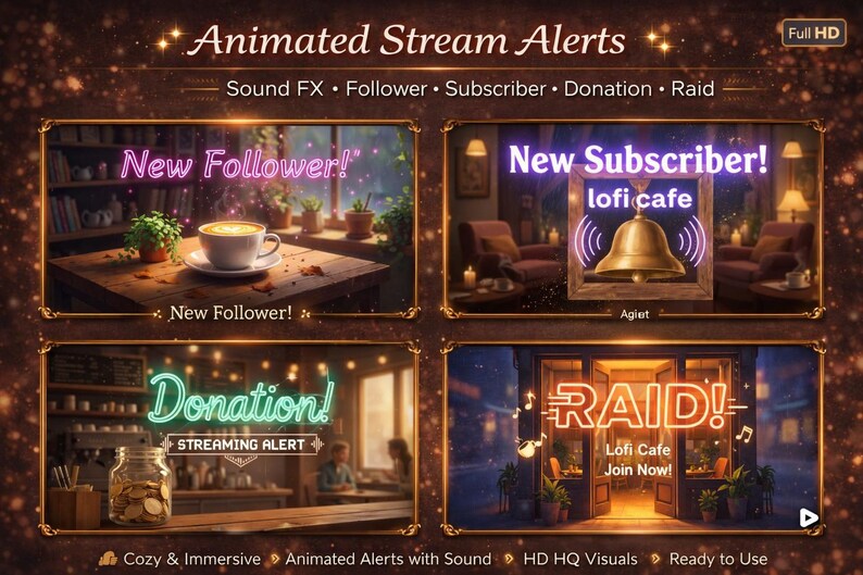 Stream Alert Visuals Lofi Cafe Cozy Stream Overlay for Twitch | Animated Lo-fi Screens ...