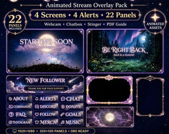 星空をイメージしたストリームオーバーレイパック | アニメーション付きの宇宙をイメージした夢のようなVTuber Twitch画面アラートパネル