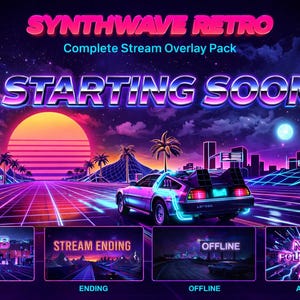 Synthwave Twitch Overlay Pack Pack de diffusions rétro animées Panneaux d'alertes webcam
