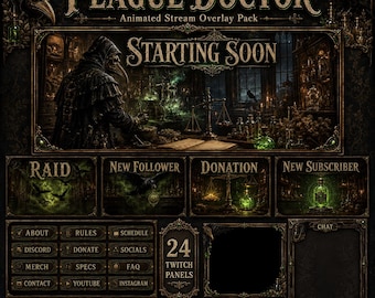 Plague Doctor Twitch Overlay Pack | Animated Gothic Halloween Screens, Alerts, Webcam Panels