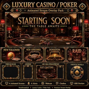 Peut inclure: Un pack de superposition de flux animé sur le thème du casino et du poker de luxe, avec une esthétique sombre et ornée aux accents dorés. Comprend un écran de démarrage, des alertes pour les abonnés, dons et raids, ainsi que des cadres webcam.