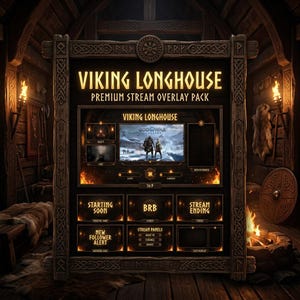 Puede incluir: Un paquete de superposición de transmisión digital Viking Longhouse. El diseño presenta un marco de madera con el texto "VIKING LONGHOUSE" y "PREMIUM STREAM OVERLAY PACK". La superposición incluye secciones para alertas, inicio y finalización de la transmisión. El fondo es un interior de madera acogedor.