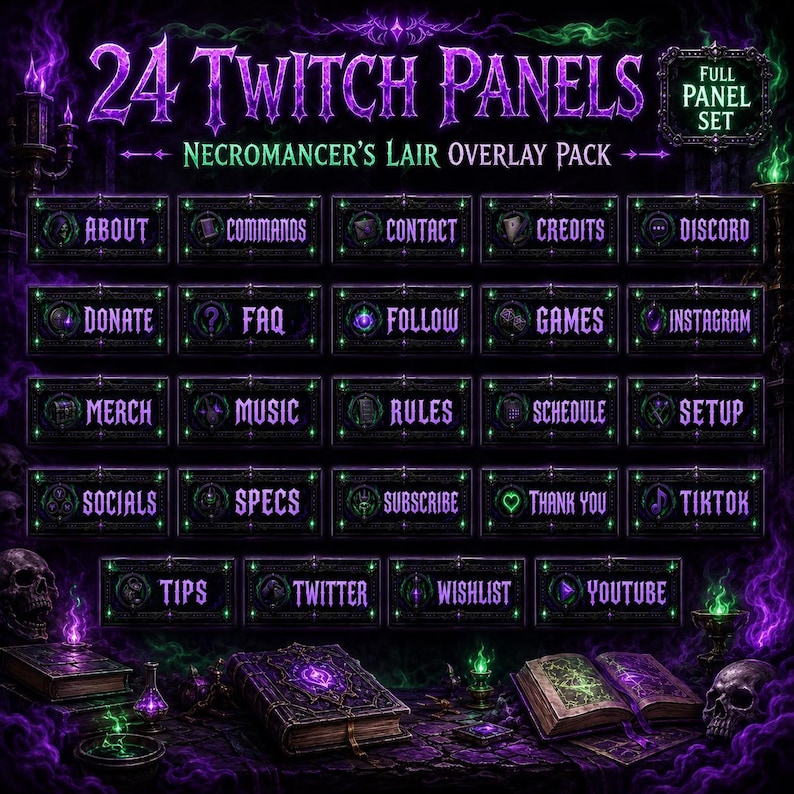 Necromancer Twitch Overlay Pack | Animated Dark Magic Skull Stream Screens Alerts Panels image 7