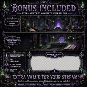 May include: A digital stream overlay pack featuring a dark necromancer theme with purple and green accents. Includes a Twitch banner, YouTube banner, and a gameplay overlay frame with skull motifs, gothic architecture, and glowing magical elements.