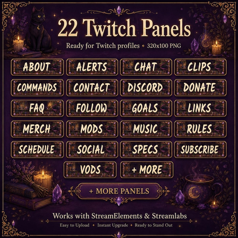 May include: A set of 22 purple Twitch panels featuring gold text labels including About, Alerts, Chat, Clips, Commands, Contact, Discord, Donate, FAQ, Follow, Goals, Links, Merch, Mods, Music, Rules, Schedule, Social, Specs, Subscribe, Vods, and More.