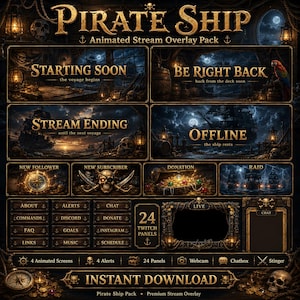 Piratenschiff Twitch Overlay Pack Animierte Stream Bildschirme Warnungen Panels OBS