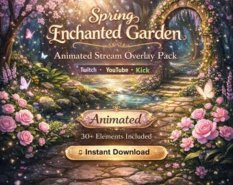 魅惑の春の庭園ストリームオーバーレイパック | アニメーション付き妖精の花柄Twitchスクリーンアラートパネル
