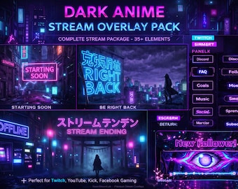 Twitch用ダークアニメ配信オーバーレイ | アニメーショングランジサイバーパンクスクリーンアラートパネル