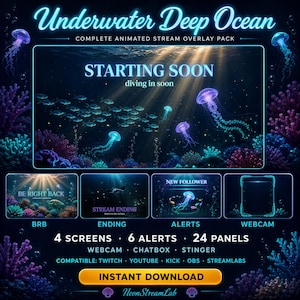 以下が含まれることがあります： 水中深海をテーマにしたアニメーションストリームオーバーレイパック。デザインはクラゲ、サンゴ、テキスト「STARTING SOON」が特徴です。「BRB」、「Ending」、「Alerts」、「Webcam」の画面が含まれています。Twitch、YouTube、Kick、OBS、Streamlabsに対応しています。