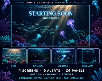 水中深海ストリームオーバーレイパック | アニメーション水中Twitch YouTubeキックスクリーンアラートパネル