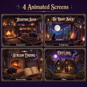 May include: A set of 4 animated screens featuring a dark purple theme with gold borders. The screens display the text Starting Soon, Be Right Back, Stream Ending, and Offline, showcasing cozy scenes with fireplaces, cats, books, and a cottage.