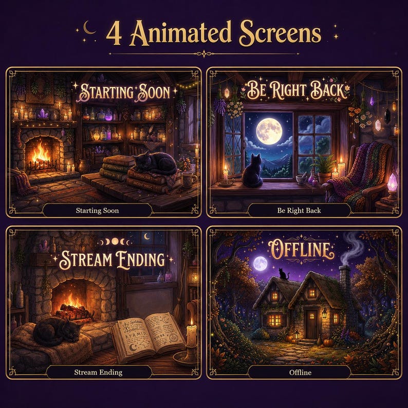 May include: A set of 4 animated screens featuring a dark purple theme with gold borders. The screens display the text Starting Soon, Be Right Back, Stream Ending, and Offline, showcasing cozy scenes with fireplaces, cats, books, and a cottage.