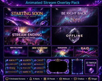 コズミックギャラクシーパープルストリームオーバーレイパックアニメーションTwitch YouTubeキックアラートパネルウェブカメラ