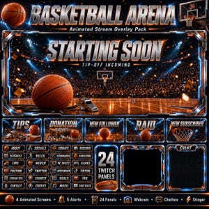 May include: A basketball-themed animated stream overlay pack featuring the text BASKETBALL ARENA, STARTING SOON, and TIP-OFF INCOMING. The design includes a stadium background, basketballs, a whistle, and various interface panels for Twitch.