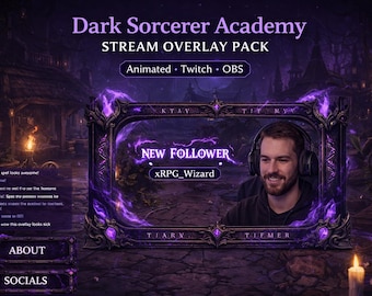 アニメーション付きTwitchオーバーレイパック | ダークソーサラーアカデミーストリームオーバーレイ、アラート、パネル、ウェブカメラ、OBS