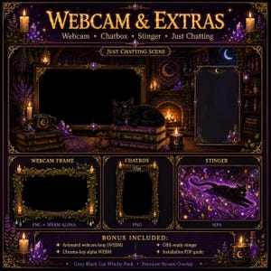 May include: A digital stream overlay pack featuring a dark purple and gold theme with a black cat, candles, crystals, and books. Includes a webcam frame, chatbox, and stinger transition. Text includes WEBCAM & EXTRAS, JUST CHATTING SCENE, and BONUS INCLUDED.