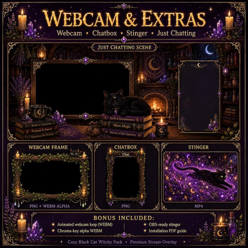 May include: A digital stream overlay pack featuring a dark purple and gold theme with a black cat, candles, crystals, and books. Includes a webcam frame, chatbox, and stinger transition. Text includes WEBCAM & EXTRAS, JUST CHATTING SCENE, and BONUS INCLUDED.