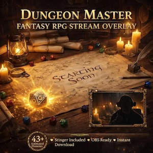 Dungeon Master Tabletop Stream Overlay Twitch YouTube Kick | Animierte Rollenspiel-Fantasy-Bildschirme Alarm-Panels