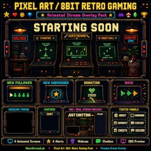 Pixel Art Twitch Overlay Pack | Animated 8bit Retro Gaming Stream Screens Alerts Panels