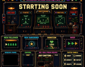 Pixelart-twitch-overlaypakket | Geanimeerde 8-bits retro gaming-streams Schermen Waarschuwingenpanelen