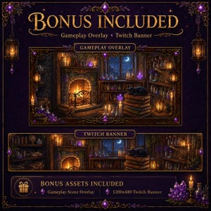 May include: A digital asset pack featuring a gameplay overlay and a 1200x480 Twitch banner. The design displays a cozy room with a fireplace, bookshelves, potion bottles, and a black cat on books, all framed by hanging lanterns and purple crystals.
