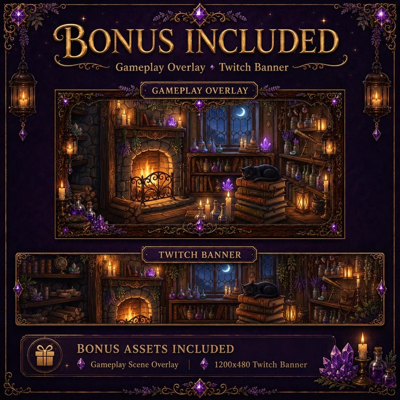 May include: A digital asset pack featuring a gameplay overlay and a 1200x480 Twitch banner. The design displays a cozy room with a fireplace, bookshelves, potion bottles, and a black cat on books, all framed by hanging lanterns and purple crystals.