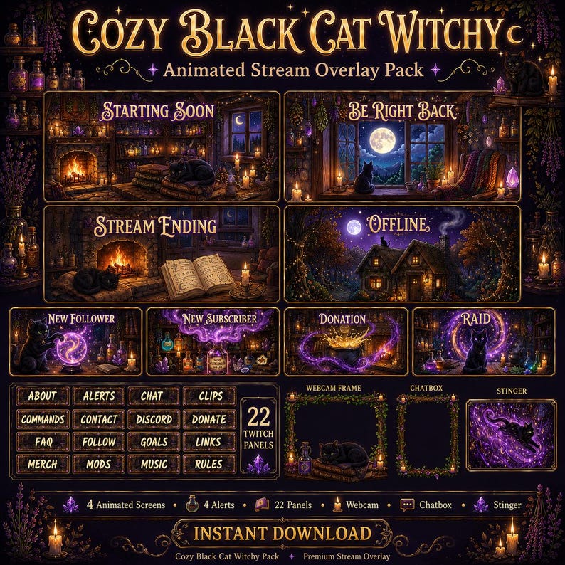 May include: A digital stream overlay pack titled Cozy Black Cat Witchy featuring animated screens, alerts, and panels. The design includes dark purple and gold tones, black cats, glowing candles, open books, and magical potion bottles in a room.