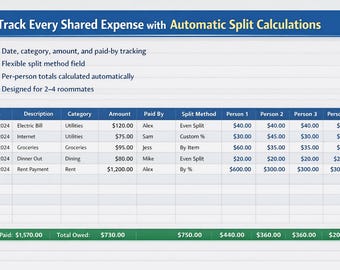 Roommate Expense Splitter | Bill Tracker Spreadsheet with Dashboard (Excel, Digital Download)