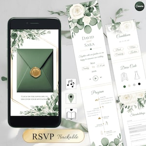 Peut inclure: Un smartphone affiche une invitation de mariage numérique avec une enveloppe verte et un sceau doré. L'invitation comprend des détails tels que la date, l'heure et le lieu, ainsi que des informations RSVP. Des motifs floraux et le texte "RSVP Trackable" sont également visibles.