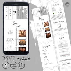 Puede incluir: Una plantilla digital de invitación de boda en un teléfono inteligente y una invitación en papel a juego. El diseño presenta un diseño de línea de tiempo con detalles del evento, sección de RSVP e información sobre el código de vestimenta. La combinación de colores es principalmente en blanco y negro.