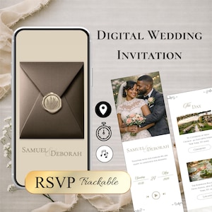 Può includere: Un invito di nozze digitale visualizzato su uno smartphone, con una busta marrone con sigillo in ceralacca, i nomi Samuel e Deborah e un pulsante RSVP tracciabile. Altre schermate mostrano una coppia, i dettagli e la location.