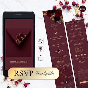 Digital Wedding Invitation • Burgundy Floral • RSVP, Countdown & Music • Editable Canva Template