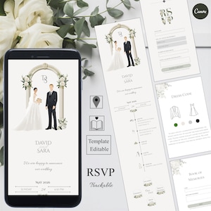 Può includere: Un set digitale di inviti di nozze e RSVP. L'invito presenta una coppia sotto un arco con accenti floreali. La scheda RSVP include campi per le informazioni degli ospiti. Il set è progettato con una tavolozza di colori neutri e include un codice di abbigliamento.