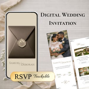 Può includere: Un invito di nozze digitale visualizzato su uno smartphone con una busta marrone con sigillo in ceralacca e i nomi Samuel e Deborah. Accanto, un'interfaccia mobile mostra una coppia, i dettagli dell'evento e un pulsante RSVP.